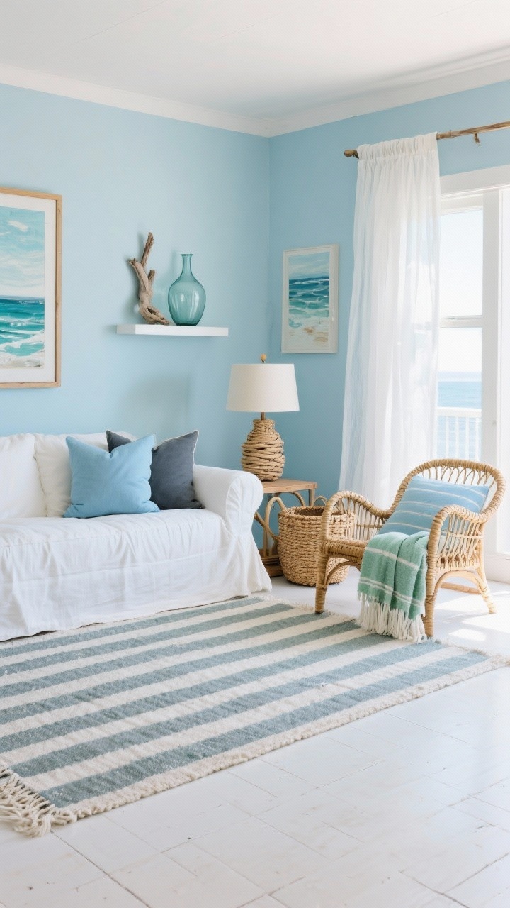 Photorealistic wide coastal lounge: soft sea-salt blue walls, whitewashed floors, striped cotton rug layered beneath a crisp white slipcovered sofa, rattan lounge chair, rope-wrapped table lamp, woven baskets for throws, ocean-inspired pillows in sky blue, slate, and sea-glass green, sheer white curtains moving gently, coastal artwork and glass vases on a simple shelf; driftwood accents; bright airy daylight; vacation-at-home mood; straight-on wide shot.
