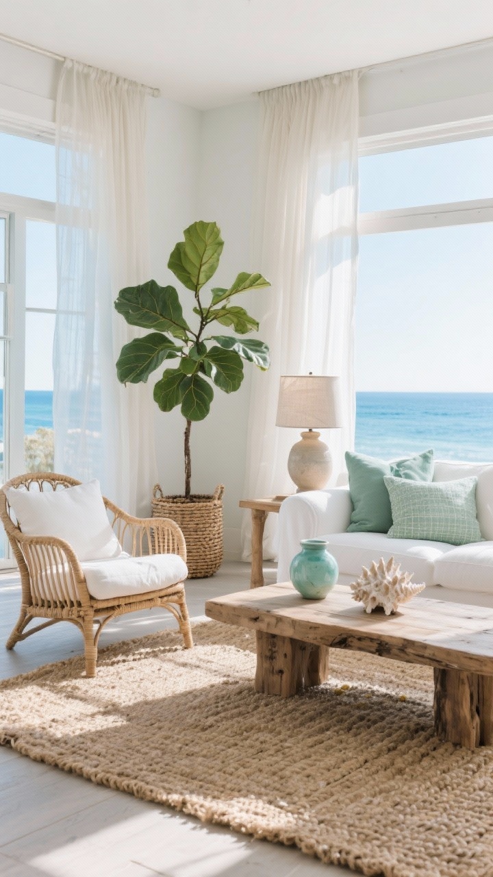 Photorealistic wide coastal-organic living space with a curved rattan lounge chair with a white cotton cushion on a chunky jute rug; a white slipcovered sofa and a raw-edge wood coffee table; soft blues and sea-glass greens through pillows and pottery on the table; a tall fiddle-leaf fig in a woven basket; gauzy sheer curtains flooding the room with sunlight; seashell or coral object and a ceramic table lamp with a linen shade as finishing touches; palette of warm neutrals, soft blue, sage green, crisp white; airy, relaxed mood; bright daytime lighting; corner angle showcasing texture of rattan, jute, and light wood.
