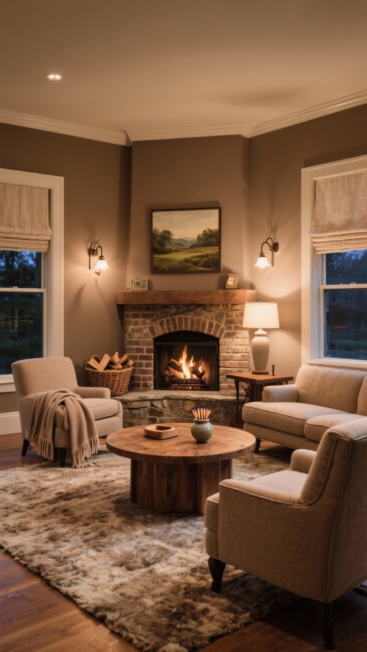 Photorealistic wide conversation room centered on a stone or brick fireplace: warm taupe walls, rounded seating arrangement with two deep armchairs and a petite loveseat facing each other, thick wool rug, round wood coffee table within easy reach, layered lighting from two swing-arm sconces and a table lamp on a side console, basket of firewood, cashmere throw draped over an armchair, ceramic match striker on the table, framed landscape art and linen roman shades; warm, intimate evening glow; corner perspective.