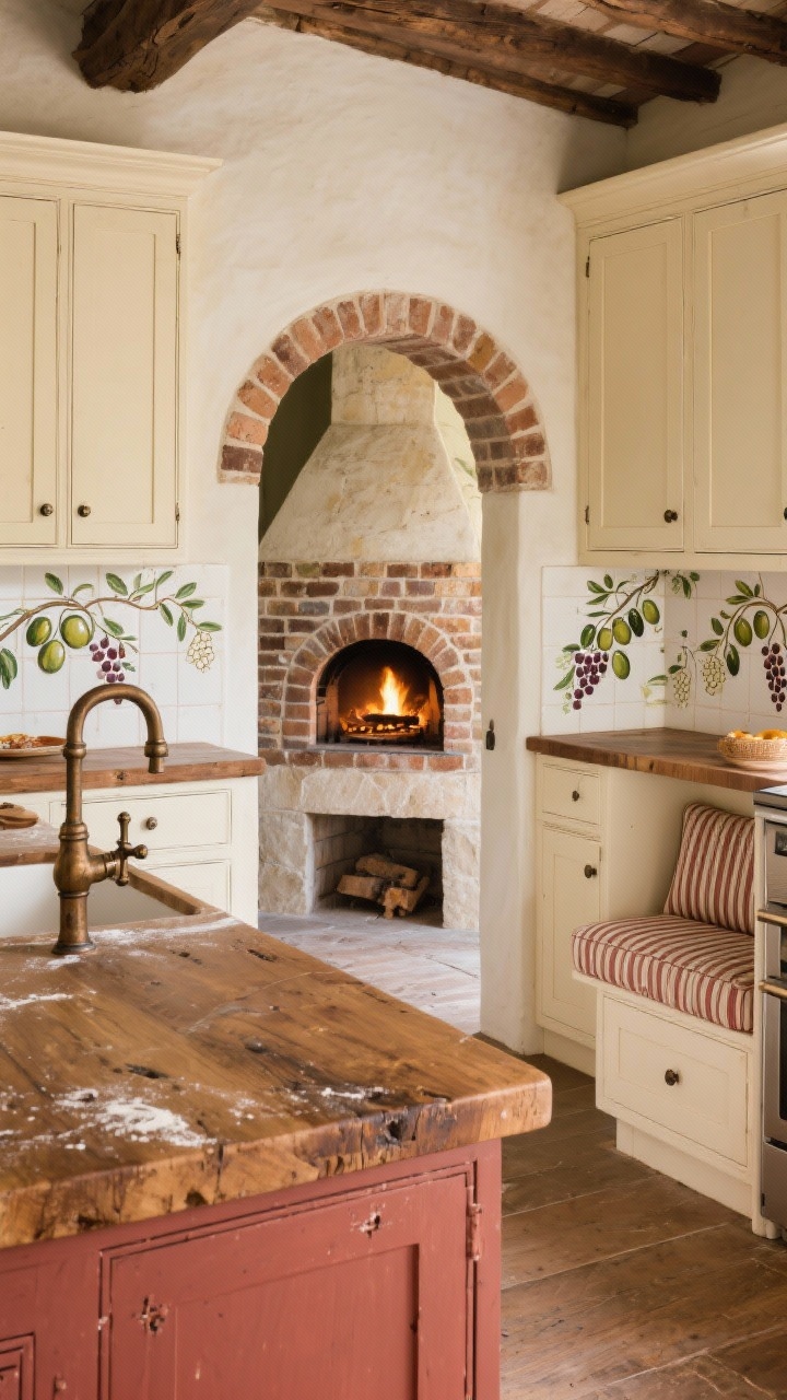 Photorealistic wide corner-angle shot of a farm-courtyard Tuscan kitchen: entry framed by a brick archway leading to a corner hearth with a small pizza oven niche faced in variegated brick and limestone; buttercream cabinets with rubbed edges, thick walnut countertops dusted with flour feel; island base in muted barn red with authentic nicks; hand-painted backsplash tiles depicting olives and grapevines; old-world bronze faucet with cross handles; built-in breakfast nook with stripe-upholstered bench cushions; warm hearth glow and cozy atmosphere.