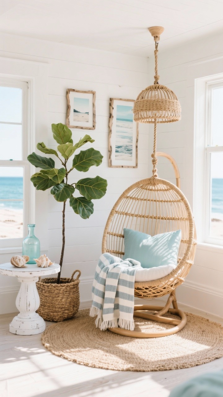 Photorealistic wide corner shot: a sunlit coastal nook with a rattan woven egg chair gently swinging over a jute rug, crisp white walls with light shiplap accent, palette of soft whites, sand beiges, and sea-glass blues; whitewashed pedestal side table with seashells and a glass carafe; striped linen throw draped over the chair, ocean-hued cushions; tall fiddle-leaf fig in a woven basket; rope-wrapped pendant light overhead; coastal prints in driftwood frames; bright natural daylight, airy beachy mood, no people.