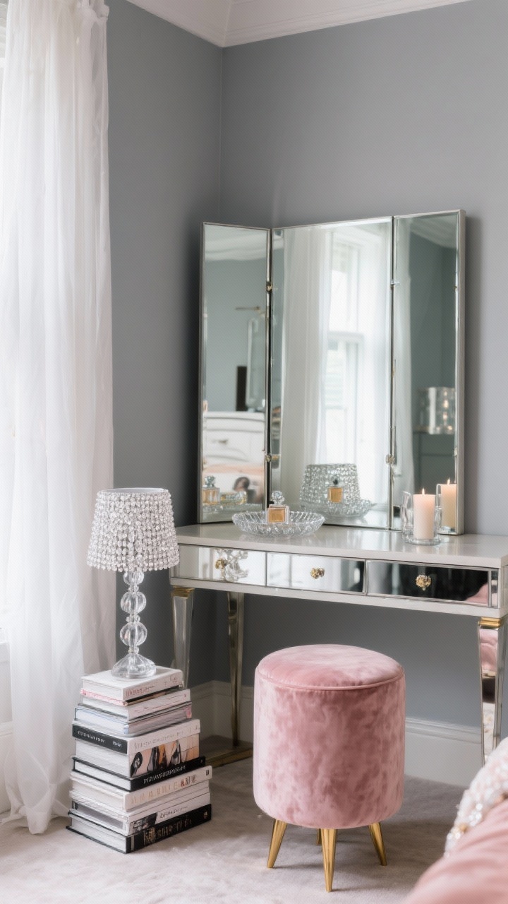 Photorealistic wide corner shot of a glam mirrored vanity setup: a mirrored vanity table tucked into a corner against a cool gray wall, tall trifold mirror reflecting light, blush velvet stool with gold legs. Styling details: crystal-beaded table lamp set on stacked fashion books for height, glass perfume tray, smoky glass candle. Sheer white curtains filtering daylight, color palette of blush, cool gray, chrome, and clear crystal, textures of velvet, glass, and mirror. Sparkling, Old-Hollywood glam atmosphere.