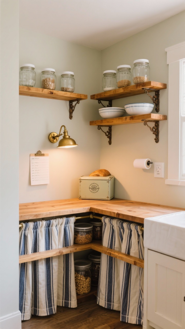 Photorealistic wide corner shot of an open pantry nook converting a dead corner into a cozy prep zone: a butcher-block counter spans two stacked open shelves below, softened with striped navy-and-cream café curtains on a tiny brass rod hiding bulk items; above, two chunky honey-wood shelves on aged iron brackets hold matching glass jars with white lids and everyday bowls; a small plug-in task lamp mounted under the upper shelf casts a warm pool of light; a vintage bread box and a wall-mount paper roll for grocery lists add charm; palette of honey wood, cream, navy ticking stripes, and aged iron; inviting, warm lighting with a functional mood.
