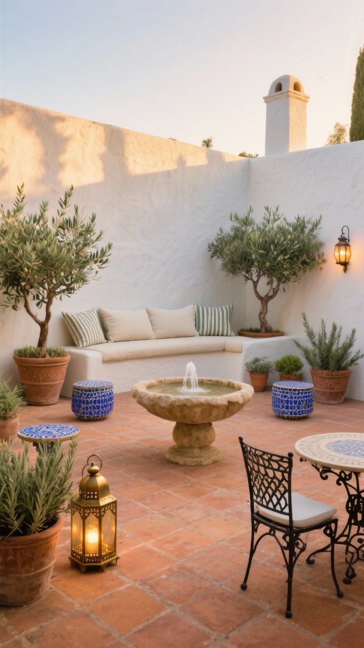 Photorealistic wide courtyard scene at golden hour: terracotta pavers underfoot, whitewashed stucco walls, a central limestone fountain basin with gently trickling water, built-in stucco bench with creamy cushions and striped lumbar pillows, olive trees in clay pots, rosemary planters, cobalt-accent mosaic side tables, wrought-iron café set, Moroccan lanterns in antique brass beginning to glow; palette of warm terracotta, chalky white, sage green with cobalt accents; textures of stucco, clay, wrought iron; soft dusk lantern lighting and long shadows.