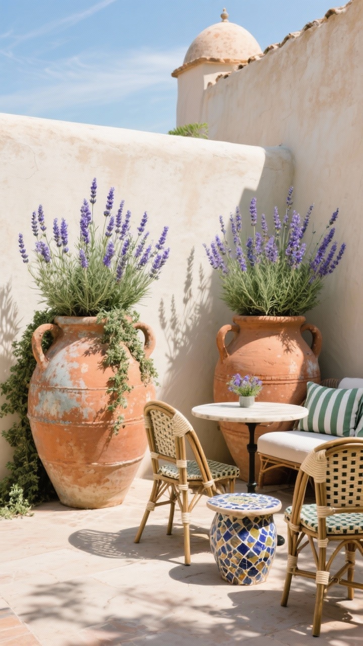 Photorealistic wide courtyard scene in bright Mediterranean sun: a pair of oversized weathered terracotta urns with domes of English/Spanish Lavender, flanked by upright Rosemary for structure. Underplant with trailing Thyme spilling over the urn lips. Place beside a small cafe table set with woven bistro chairs, striped outdoor cushions, and a mosaic side table. Palette: sun-baked terracotta, dusty green, silvery blue, violet flower spikes. Warm, reflective light, slight breeze implied by plant posture; stucco wall backdrop.