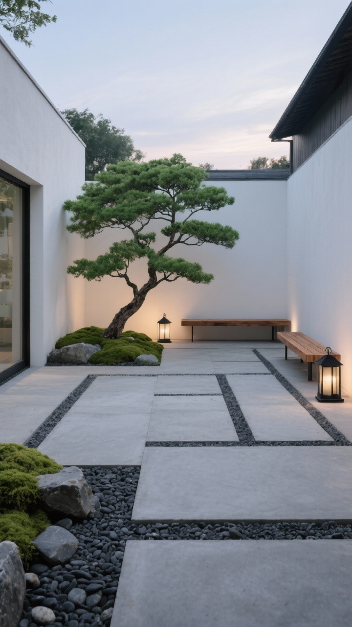 Photorealistic wide courtyard shot, open-air minimalist courtyard oasis: smooth concrete pavers bordered by charcoal river stones, fine raked gravel with precise patterns, a single sculptural Japanese maple as the focal point, low moss pockets tucked along edges, a slim oiled cedar bench along one wall without cushions, minimal black lanterns providing a subtle evening glow; cool gray and soft white palette with one deep green statement; clean, balanced, peaceful mood; straight-on view at dusk with soft ambient lighting highlighting textures of stone, moss, and wood