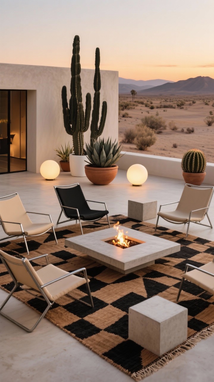 Photorealistic wide desert modern retreat at sunset: angular aluminum lounge chairs in sand and black around a rectangular concrete fire table; graphic flatweave rug in camel and charcoal; bold plant silhouettes—columnar cacti, agave, and barrel cactus in matte terracotta and white planters; trio of glowing sphere lights punctuating the space; powder-coated frames, sling loungers, and concrete side cubes; palette of sand, black, clay, sun-bleached wood; minimal decor, strong shadows, sculptural drama.