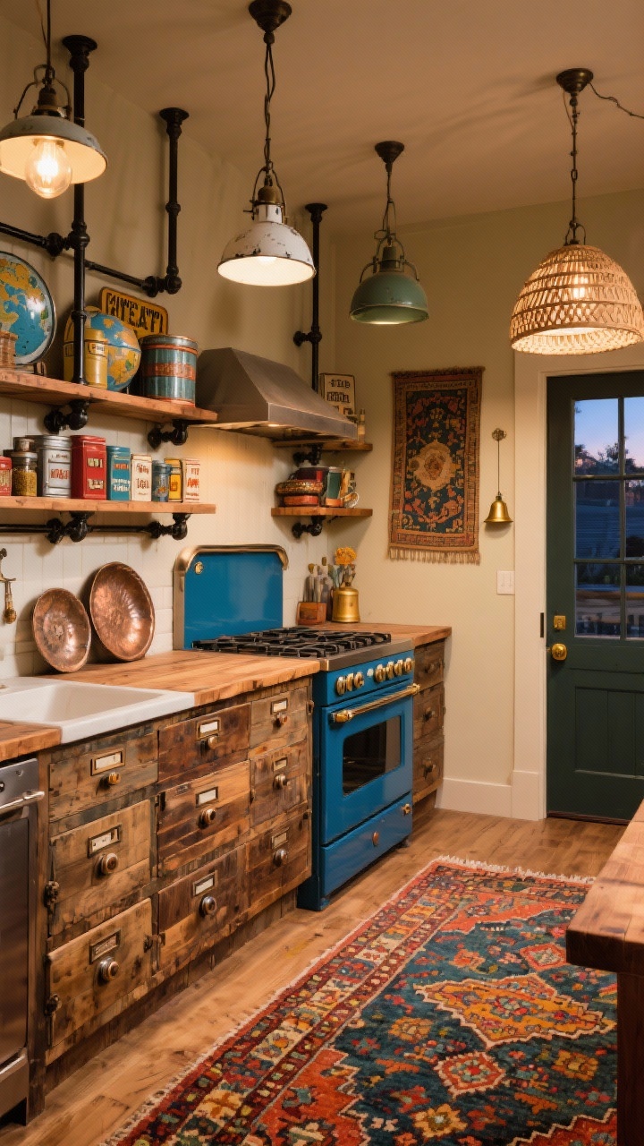Photorealistic wide, eclectic kitchen with reclaimed apothecary drawers as base cabinets topped with oiled butcher block; industrial shelves hung from black pipe loaded with globetrotting treasures—tin spice boxes, enamelware, hammered trays; a colorful Persian rug across the floor, a deep cobalt statement range, and soft oat walls with a single vintage tapestry; mixed pendant lighting combining enamel factory lights and a woven shade; quirky touches like old signage, mismatched knobs, and a brass bell by the door; warm, inviting evening glow, straight-on view.