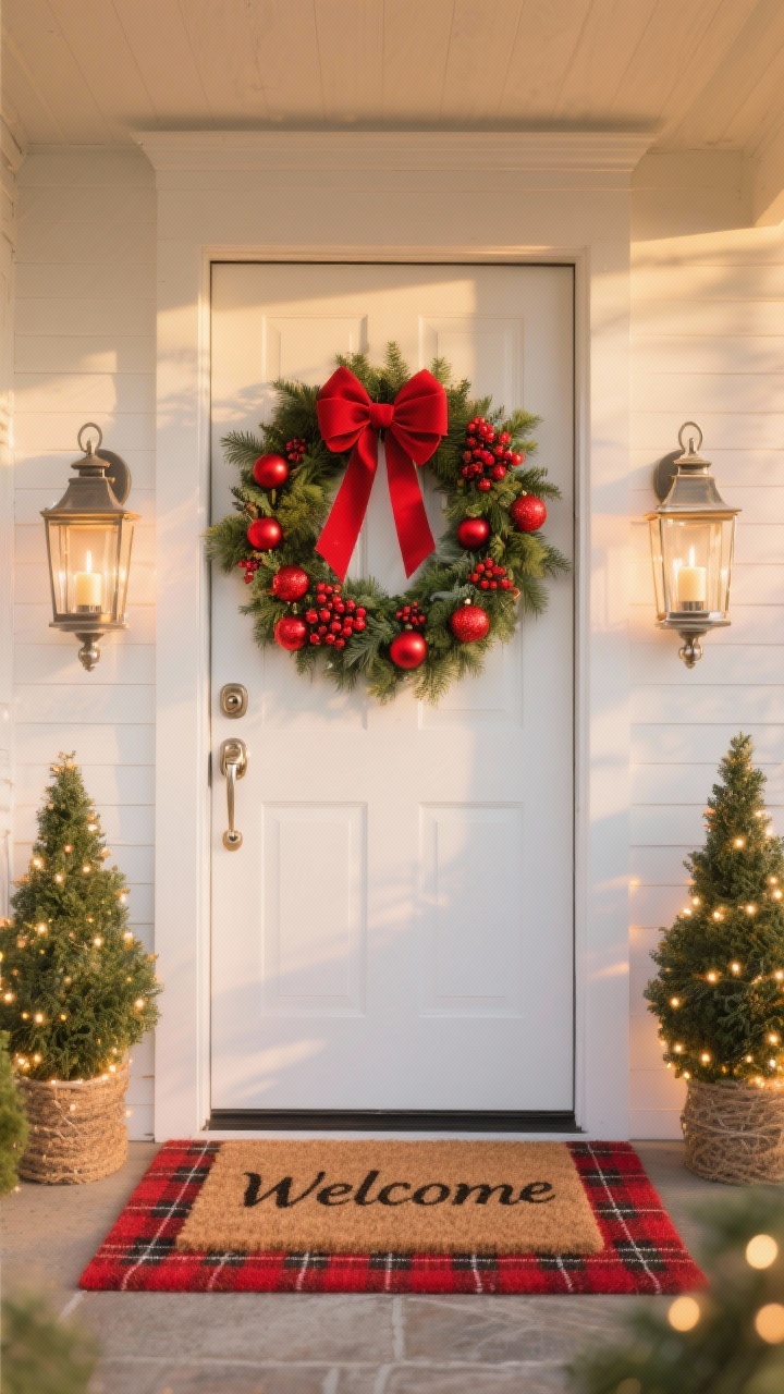 Photorealistic wide entry shot, straight-on, of a white front door displaying a full mixed-evergreen wreath dotted with clusters of red berries and shiny red ornaments, finished with a wide red satin bow with long, smooth tails. Candlestick-style lanterns glow on either side. Classic polished nickel hardware, a coir “Welcome” script doormat layered over a red plaid underlay, and two small topiaries wrapped with twinkle lights. Bright, cheerful holiday ambiance at golden hour.