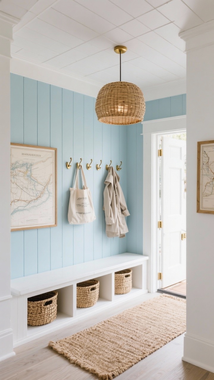Photorealistic wide entryway shot, coastal calm theme: a wall of powder-blue shiplap behind a built-in white bench with deep cubbies filled with woven seagrass baskets; matte brass hooks lined above the bench holding canvas totes and light coats; a natural jute runner on the floor; two framed nautical maps on the shiplap; white beadboard ceiling overhead with a rattan drum pendant casting a warm beachy glow; palette of powder blue, crisp white, sandy beige, and brass; airy, low-maintenance vibe; straight-on perspective.