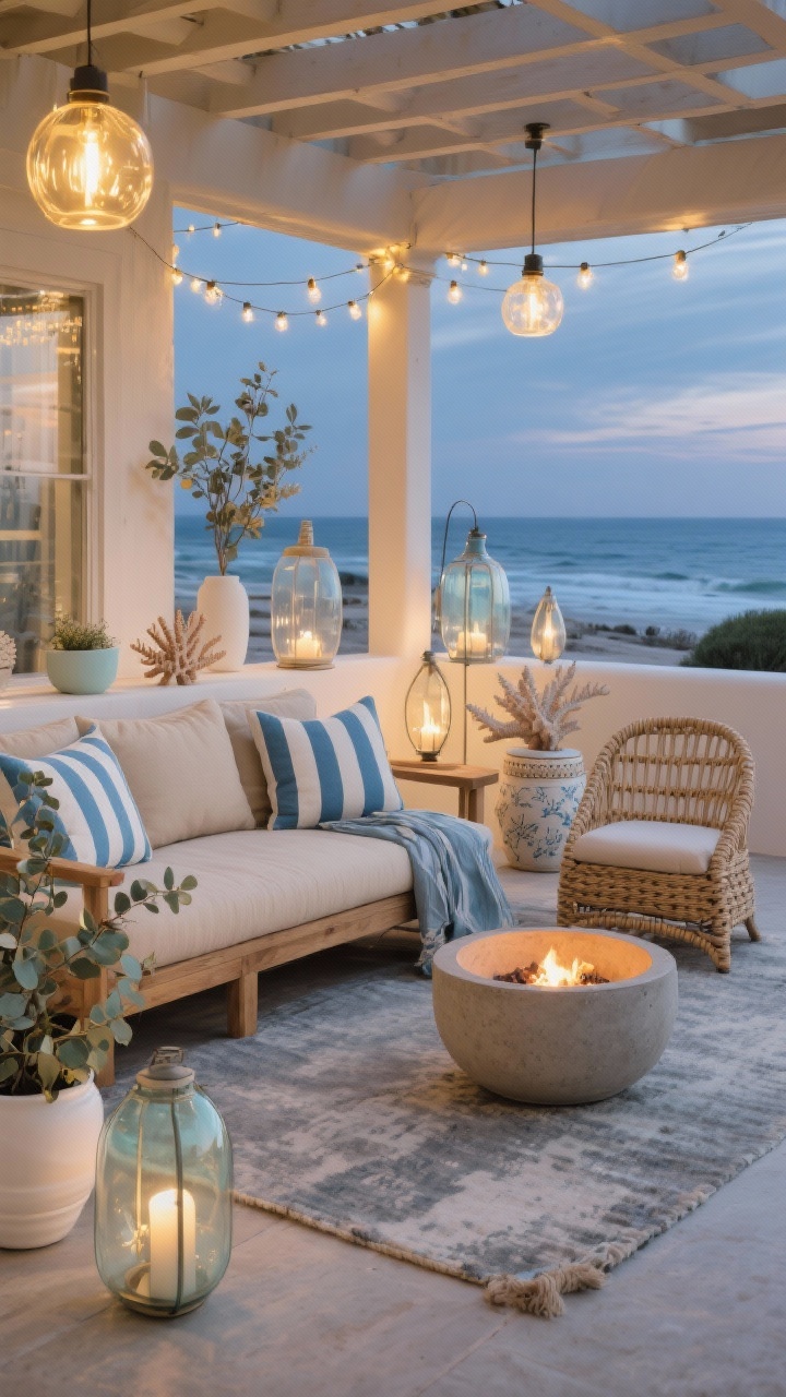 Photorealistic wide evening shot of a modern coastal patio lounge: a low-slung teak sectional with oatmeal cushions and blue-and-cream striped throw pillows sits on a faded gray outdoor rug; a woven rope lounge chair and ceramic drum side table flank a round concrete fire bowl glowing softly; frosted glass lanterns at varying heights and warm café-style string bulbs overhead cast a golden coastal glow; accents include coral-inspired decor, eucalyptus in white planters, and glass hurricane lanterns; color palette of sea glass blues, sandy neutrals, and driftwood wood tones; no people, ocean-breeze vibe, slightly windswept textiles.