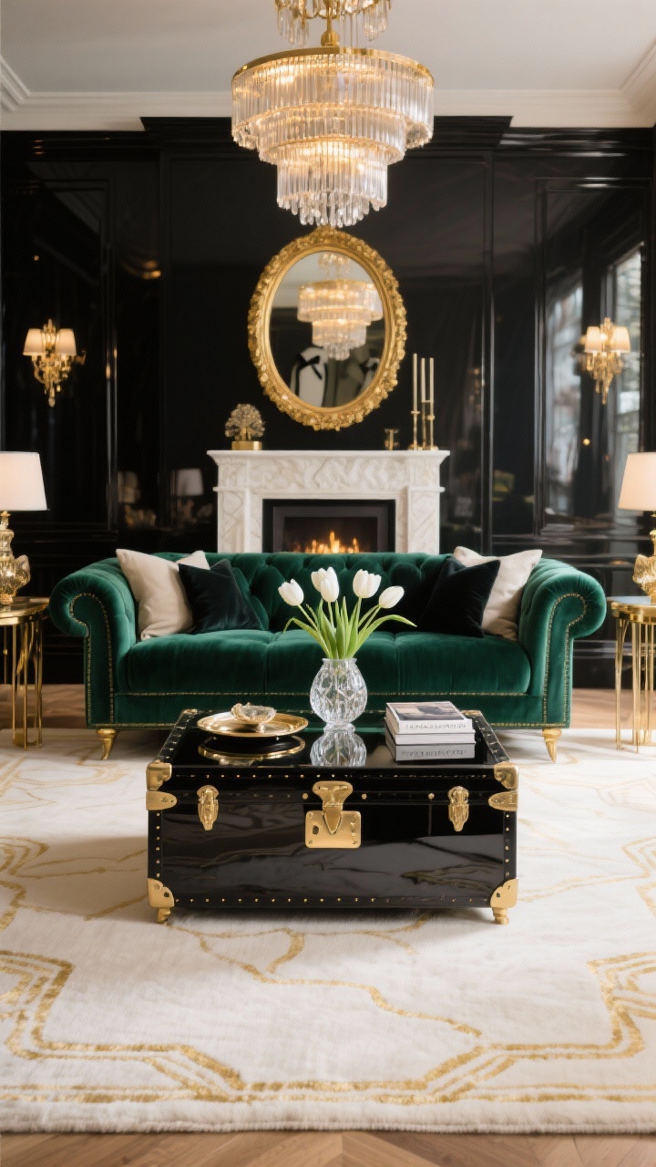 Photorealistic wide glam deco living room anchored by a mirrored trunk coffee table reflecting light and surroundings, doubling as storage; styled with a lacquered tray, a cut-crystal vase of white tulips, and a couple of coffee-table books. Deep emerald velvet tuxedo sofa, brass side tables, and a round gold-framed mirror above the mantel. Rug is cream with subtle art-deco gold linework. Tiered glass chandelier casting warm, glitzy illumination. Jewel tones, black accents, and warm metallics dominate. Shot straight-on to emphasize symmetry and reflective surfaces.