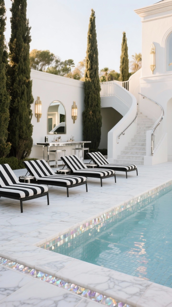 Photorealistic wide glam shot of a Classic Hollywood pool terrace at late afternoon: soft white marble coping with delicate veining, eased edge, slightly honed finish to reduce glare; thin band of mother-of-pearl accent tiles at the waterline catching iridescent light, optionally interspersed within a white mosaic field; black-and-white striped loungers aligned symmetrically; mirrored bar cart gleaming; tall cypress trees framing the scene; Art Deco-inspired sconces and a gracefully curved staircase rail in view; white, pearl, chrome with black accents palette; crisp, elegant lighting; straight-on symmetrical perspective, no people.