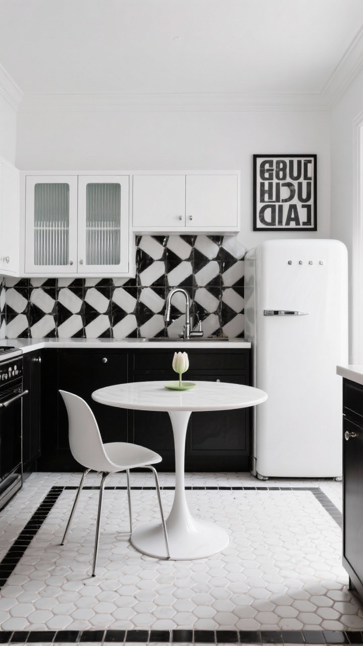 Photorealistic wide, high-contrast mod monochrome kitchen: matte black base cabinets, glossy white uppers, geometric black-and-white tile backsplash as the focal point. Rounded-edge white retro fridge, chrome gooseneck faucet, round pedestal breakfast table with a single tulip chair. Include ribbed glass doors on a couple of uppers, an oversized monochrome typography print on the wall, and white penny tile flooring with a black border frame. Even, crisp lighting with gentle reflections; shoot straight-on for graphic symmetry.