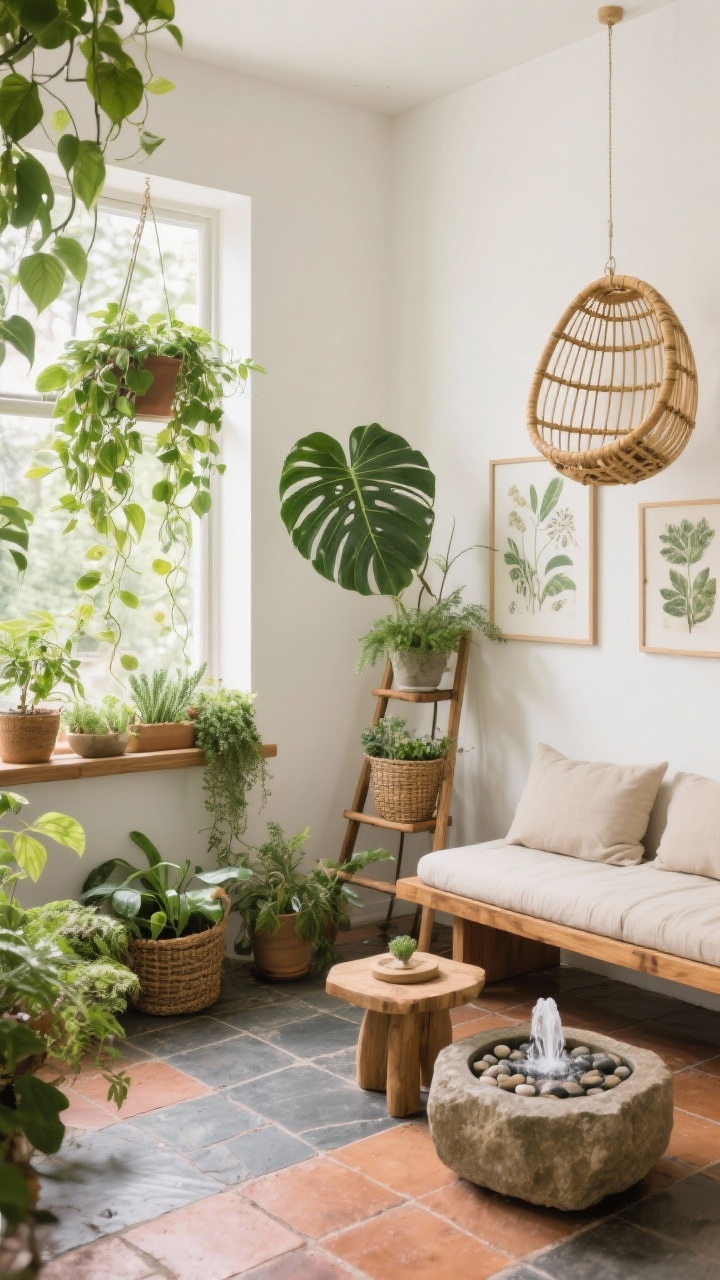 Photorealistic wide indoor garden room: warm white walls, slate or terracotta tile floor, layered plants at varying heights including a fiddle leaf fig, trailing pothos cascading from a window shelf, cluster of herbs on the sill, teak bench with linen cushions (or a bamboo hanging egg chair if visible), pebble tray for humidity, stone side table, small tabletop water fountain gently bubbling, plant stand ladder, woven planters, botanical prints; daylight streaming in; fresh, grounding mood; corner perspective.