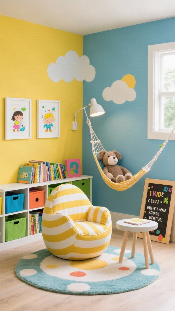 Photorealistic wide kids’ reading pod: fabric egg chair in bold stripes or dots set on a round, washable rug; bright palette of sunny yellow, sky blue, and apple green; low bookshelf wall with colorful storage bins; whimsical cloud wall decals; clip-on reading light attached to the chair; stuffed-animal hammock in a corner; framed kids’ drawings in white frames; felt letter board with playful quote; soft edges and stable side table; cheerful, well-lit, playful environment.
