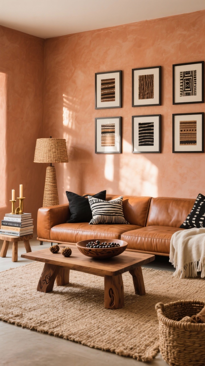 Photorealistic wide living room shot in warm, late-afternoon natural light: a caramel leather sofa on a thick jute rug, scattered with black-and-white mudcloth pillows; low-slung wood coffee table holding a carved wooden bowl filled with beads and seed pods; walls in soft terracotta/clay tones with a gallery of framed mudcloth swatches in simple black frames; a woven floor lamp and a small wood side stool stacked with design books; accents of brass candleholders and a sisal basket for throws; color palette caramel, terracotta, clay, black, ivory.