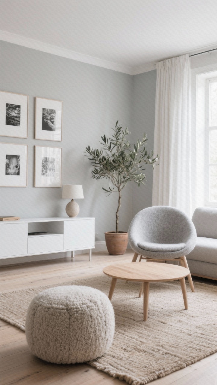 Photorealistic wide living room shot: Scandi calm space with a light gray wool egg chair and pale oak finishes; palette of dove gray, warm white, and natural wood; flatweave oatmeal rug; textured bouclé pouf; slim oak coffee table; white media console on tapered legs; linen curtains filtering daylight; ceramic table lamp; clean gallery wall of monochrome prints; single potted olive tree providing height; bright, serene natural light, minimal styling.