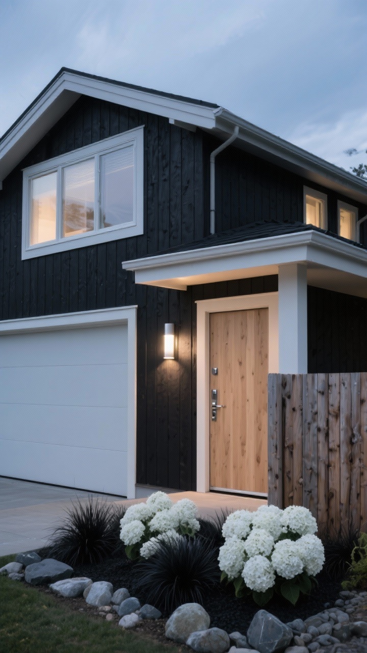 Photorealistic wide, low-angle exterior showcasing minimal Nordic contrast at twilight with grazed lighting: matte Scandinavian black siding (soot-like), vertical driftwood-tone cladding panels on garage or porch volume, frosted white window frames and fascia for crisp edges. A clear-sealed ash/pale oak front door with brushed stainless hardware. Cylindrical up/down fixtures casting clean light beams; restrained landscaping with river rock beds, black mondo grass, and billowy white hydrangea clusters; slatted driftwood-tone fence aligning with the cladding.