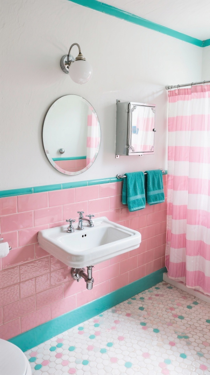 Photorealistic wide overhead/angled shot of a retro pink-and-teal bathroom: half-height glossy pink subway tile walls capped with a teal pencil trim, crisp white paint above; mosaic penny tile floor mixing white, pink, and teal with a simple border pattern; wall-mounted porcelain sink with chrome cross handles, round pivot mirror; schoolhouse globe light in chrome, metal medicine cabinet with beveled edge, teal bath towels, and a pink-striped shower curtain; bright, nostalgic, tidy scene.