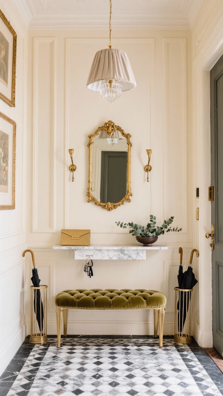 Photorealistic wide Parisian chic entry: tall picture-frame paneled walls painted warm ivory; a slim marble-topped console with mail and keys; a velvet-tufted bench beneath a gilded mirror; antique brass double-prong hooks on a narrow rail; black-and-white mosaic tile floor; slim umbrella stands in corners; a petite linen drum shade chandelier above; a small bowl of fresh eucalyptus on the console; elegant, refined mood; straight-on symmetrical composition.