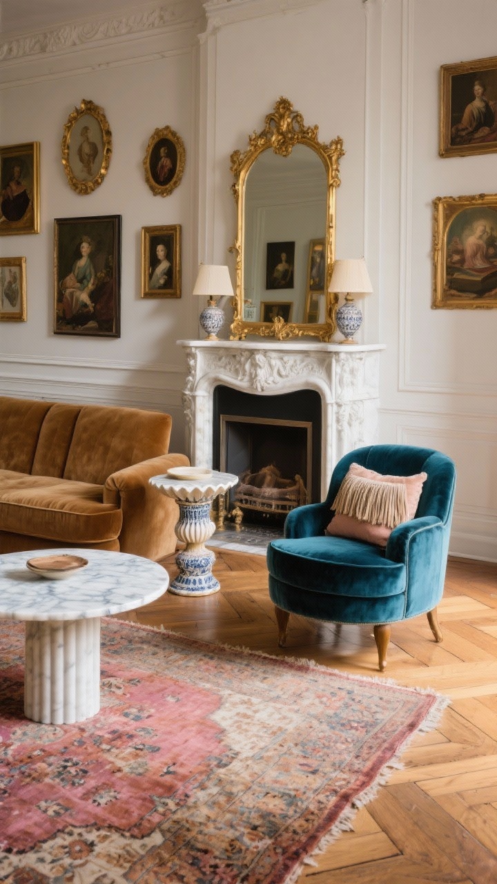 Photorealistic wide Parisian eclectic scene: deep teal velvet barrel chair beside a white faux-marble fireplace with ornate molding; herringbone wood floors topped with a faded Persian rug in rose and rust; antique gold mirror over the mantel and salon-style clustered art on one wall; camel velvet sofa opposite; round marble-topped coffee table, fluted side tables, scalloped ceramic lamp; a single fringed pillow on the barrel chair; textures of velvet, marble, aged wood, plaster; warm afternoon light for romantic drama, no people.