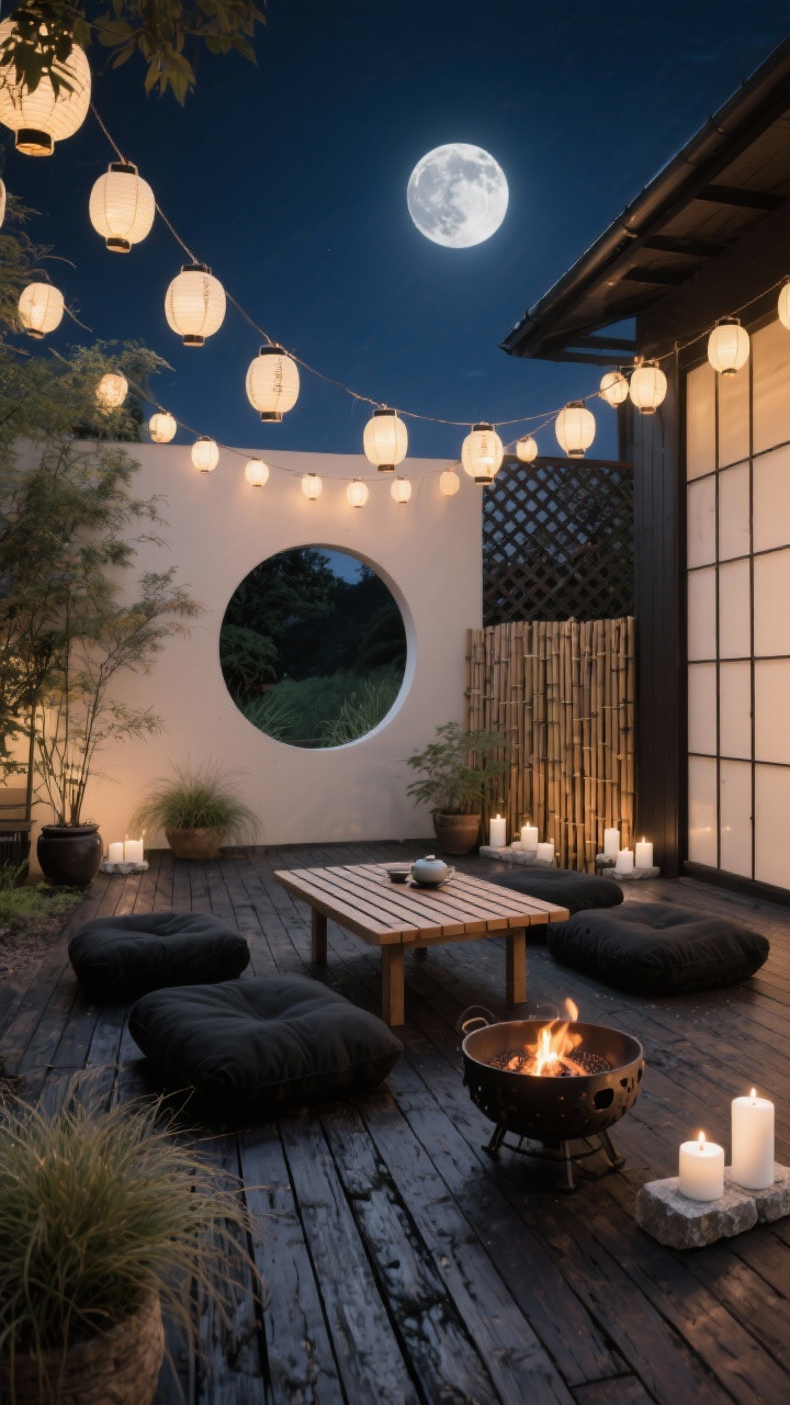 Photorealistic wide patio at night, moonlit Zen deck: stringed paper lanterns glowing overhead, a circular “moon window” effect created by a round trellis or wall cutout framing the night sky; low black floor cushions around a compact slatted wood table; charred cedar decking (Shou Sugi Ban) underfoot; potted Japanese forest grass adding softness; a cast iron fire bowl gently flickering; short bamboo screen for wind and privacy; white tea candles in stone holders layering light; calm festival ambiance; slightly elevated corner angle