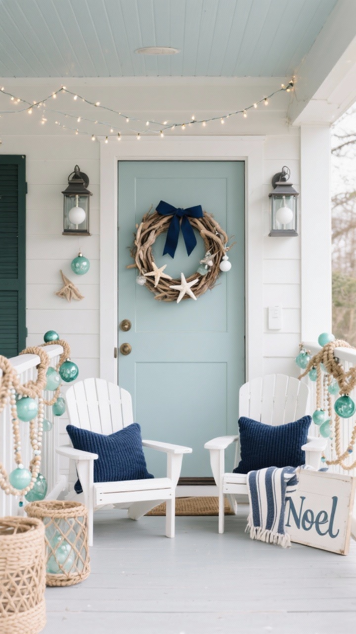 Photorealistic wide porch shot with coastal holiday styling, straight-on: driftwood wreath on the door with a navy grosgrain bow; rope-wrapped lanterns holding white ornaments and starfish flanking the entry; sea-glass–tinted baubles and beaded garland draped along the railing; two white Adirondack chairs dressed with navy knit pillows and a nautical striped throw; a white wooden “Noel” sign leaning nearby. Palette: navy, white, sea-glass green, sandy beige. Materials: rope, rattan, driftwood, frosted glass. Lighting: cool-white string lights for crisp coastal sparkle.