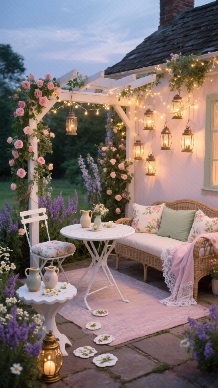 Photorealistic wide, romantic cottagecore nook at dusk: white-painted bistro set with floral seat cushions and a wicker loveseat draped in lace-trimmed throws sits on a pastel outdoor rug; perimeter framed by climbing roses and clematis, with lavender and chamomile tucked in; fairy lights woven through a simple arbor overhead and a cluster of vintage-style lanterns sparkling on the ground; soft blush, sage, cream, and antique brass palette; ceramic pitchers on a scalloped side table, pressed-flower coasters on the bistro table; no people, dreamy ambiance.