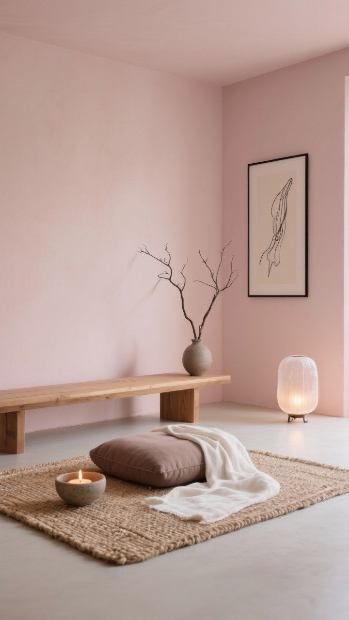 Photorealistic wide room shot: a serene Blush Zen minimalist meditation space with muted blush matte walls, a low ash-wood platform bench centered on a woven jute rug, one taupe meditation cushion and a simple soft-white linen throw. Minimal decor: a single natural branch in a matte ceramic vase on the floor, a framed black line drawing on the wall, and a stoneware bowl candle emitting warm, grounding light. One soft-glow frosted-glass floor lantern provides gentle illumination; airy, uncluttered composition with natural textures and soft shadows; no people.