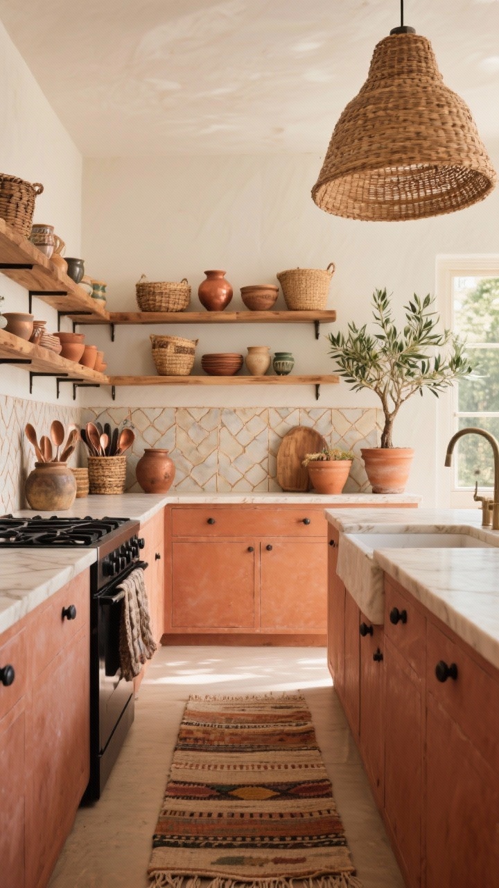 Photorealistic wide room shot of a boho kitchen in warm terracotta with muted clay base cabinets, matte black hardware, and floating natural wood shelves styled with mismatched ceramics, woven baskets, copper utensils in a vintage crock, and terra-cotta planters; handmade zellige tile backsplash with rippled texture, honed limestone or creamy quartz counters with soft veining, a flat-woven kilim runner in desert hues along a galley layout, oversized rattan pendant over the island, and a potted olive tree by a sunlit window; shot straight-on to capture the full wall and island, soft morning natural light.