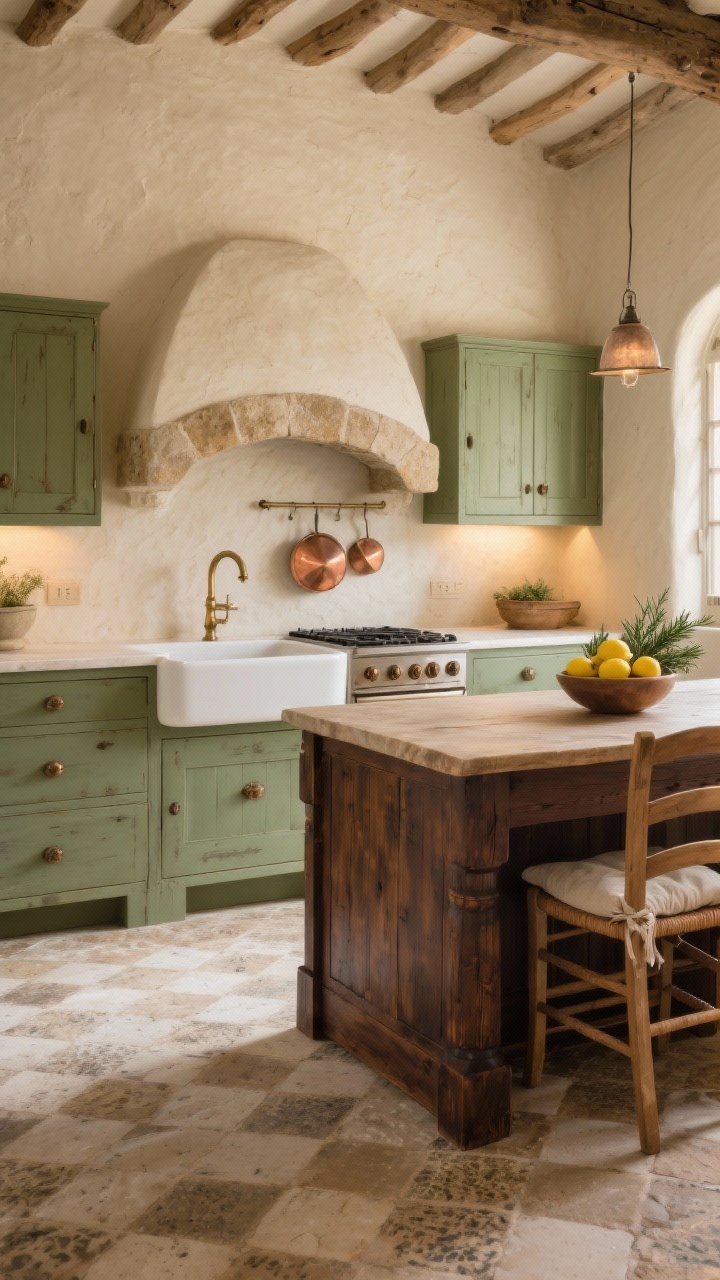 Photorealistic wide room shot of a classic farmhouse Tuscan kitchen: creamy hand-troweled plaster walls in warm ivory, tumbled travertine floors in French pattern, a dark-stained walnut island with a thick honed limestone countertop, sage green distressed cabinetry with oil-rubbed bronze hardware, a softly arched stone range hood with gleaming copper pots, ambient under-cabinet lighting; include a deep white fireclay sink with an aged brass bridge faucet, a plank-top farmhouse table with ladder-back chairs and linen cushions; add a bowl of lemons and rosemary sprigs; warm, late-afternoon natural light, inviting rustic mood.
