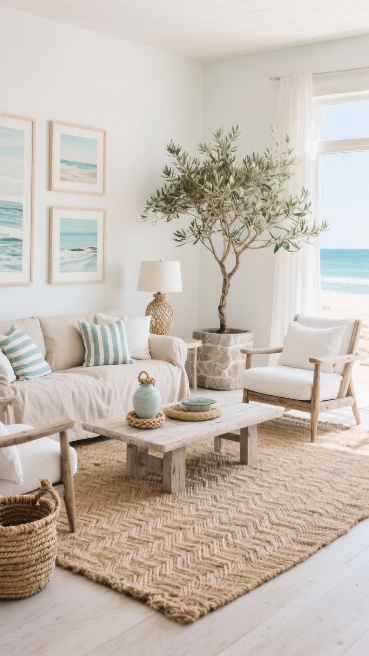 Photorealistic wide room shot of a coastal living room anchored by a thick natural jute rug with a subtle herringbone weave; linen slipcovered sofa in soft sand, two weathered oak armchairs with white cushions, and a bleached wood coffee table that reveals the rug’s texture; breezy palette of sea-glass blues, soft whites, and driftwood taupe; accents include woven baskets, striped throw pillows, and a ceramic table lamp with rope detail; coastal art in pale frames on light walls, tall olive tree in a stone planter for height; bright natural daylight, relaxed beachy mood, no people