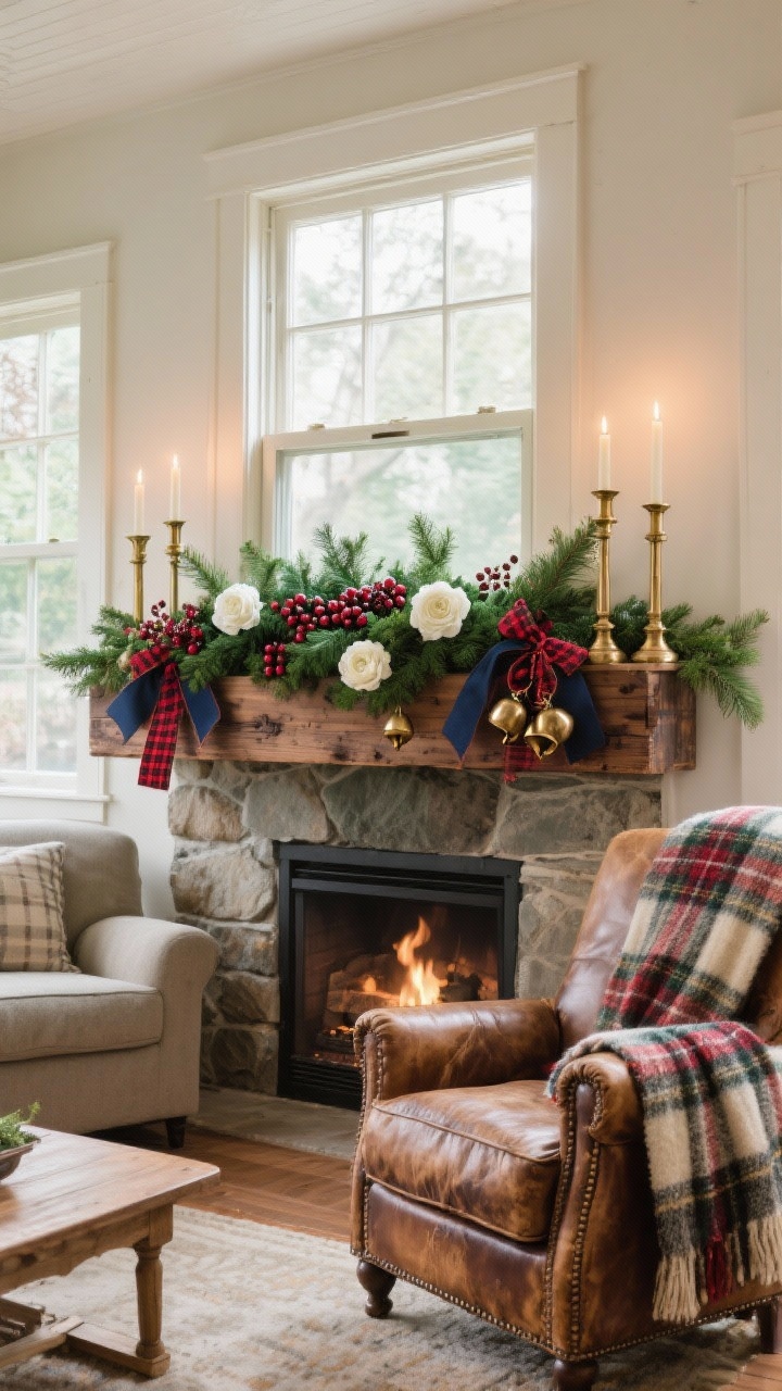 Photorealistic wide room shot of a cozy family room with a stone fireplace and a worn leather armchair. Center focus on a distressed pine window box stained walnut, stuffed with deep green cedar, clusters of faux cranberries, and white ranunculus. Navy-and-ruby plaid ribbon tails and bronze jingle bells are layered through the greens. Tapered brass candlesticks sit on either side of the window; a wool throw with plaid tones drapes over the nearby chair. Color story: forest green, cranberry red, antique brass. Warm fireside lighting, inviting cottage mood.