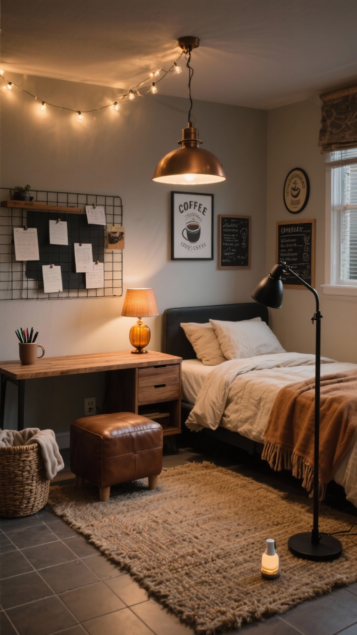 Photorealistic wide room shot of a dorm styled like a cozy coffeehouse: oatmeal bedding with a caramel throw on a twin bed, textured jute rug over tile, moody layered lighting including a bronze desk lamp, a soft-glow string light canopy, and a small amber glass accent lamp glowing on a wood-look nightstand. Desk has a wood-grain topper (contact paper), a black wire wall grid with clipped notes, and a ceramic mug filled with pens. Walls feature vintage-style coffee prints and a small chalkboard menu. Include faux leather ottoman, slim black floor lamp, woven basket with blankets, and a discreet plug-in scent diffuser (vanilla/sandalwood). Palette: latte, cream, walnut, hints of black. Warm, cozy evening ambience.