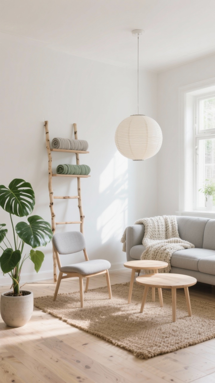 Photorealistic wide room shot of a Scandinavian sunlight nook: warm white/ivory walls, pale oak floors, light-gray low-profile sofa with a chunky knit throw, armless slipper chair, nesting tables in pale wood, birch wood ladder shelf holding rolled blankets, large paper lantern pendant casting soft diffused natural light, jute rug, rubber plant and monstera in simple ceramic pots, minimal decor and clean lines; palette of warm white, soft gray, pale oak, sage green; airy, fresh mood, straight-on perspective.
