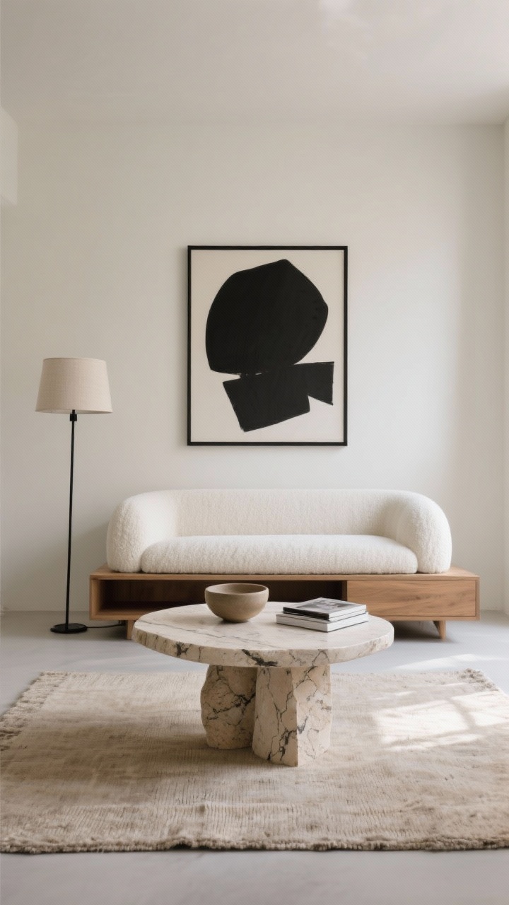 Photorealistic wide room shot of a sculptural stone minimalism living room: a travertine pedestal coffee table with a rounded top and chunky base showing faint natural veining sits centered on an oatmeal flatweave wool rug; a low-profile ivory bouclé sofa faces a slim oak media console; a single oversized black-and-white abstract artwork hangs on a pale bone wall. Palette: bone, sand, muted gray. Slim black floor lamp with a linen shade provides soft contrast lighting. Styling is ultra-minimal: a single ceramic bowl and a small stack of monograph books on the table. Airy, quiet, gallery-like mood, straight-on perspective, soft natural daylight.