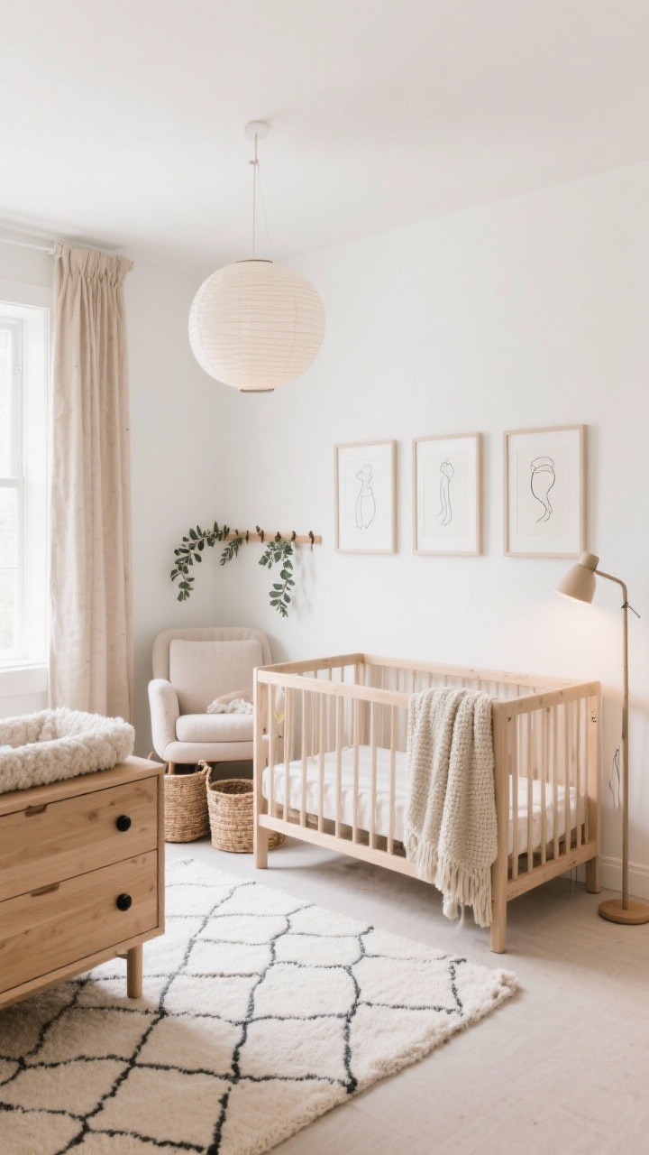 Photorealistic wide room shot of a Soft Scandinavian Calm nursery: creamy white walls with a whisper of beige, pale oak crib, plush low-pile geometric rug, natural wood dresser with matte black knobs and sleek changing topper, bouclé glider with a chunky knit throw, peg rail with eucalyptus garland, trio of framed line drawings, linen blackout curtain in warm oatmeal, woven storage baskets; lighting from a paper lantern pendant and a dimmable floor lamp; palette of ivory, oat, pale oak, matte black accents; soft morning light, minimal styling, clean lines.