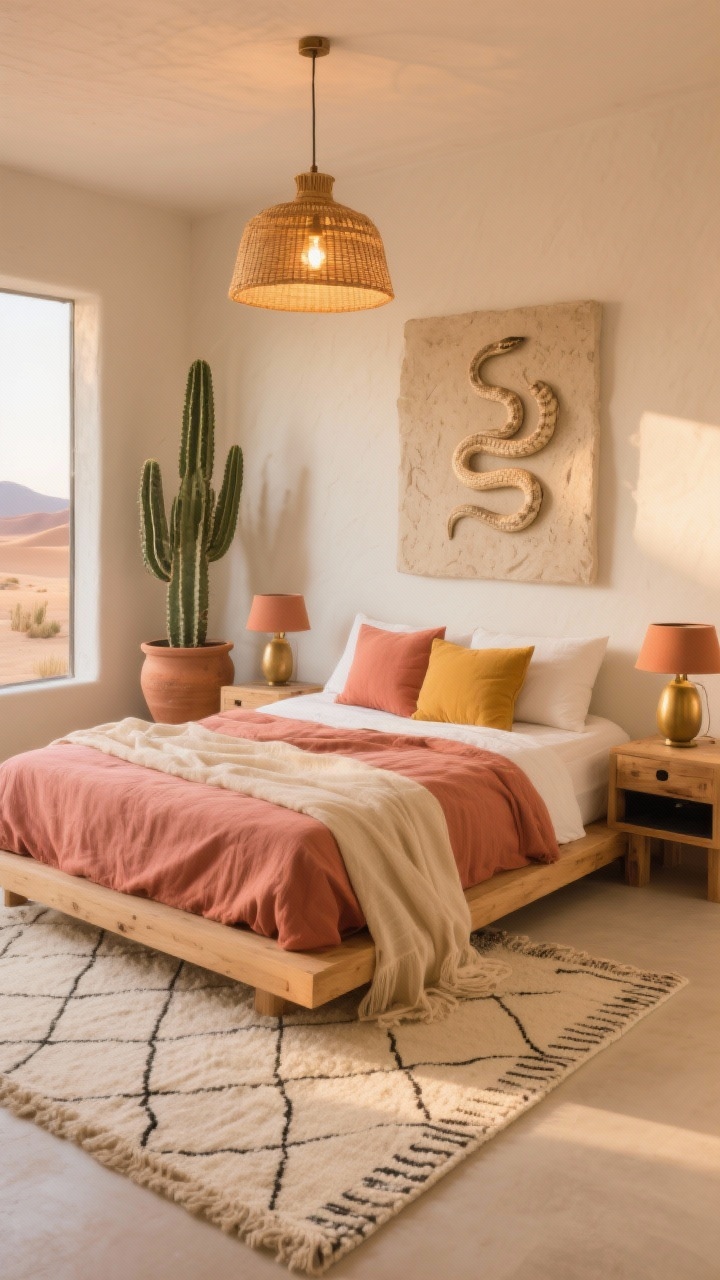 Photorealistic wide room shot of a Warm Desert Oasis bedroom at golden-hour glow: low-profile light oak platform bed dressed with a rust linen duvet, beige cotton gauze blanket, pillows in muted coral and mustard; cream flat-weave Moroccan rug with subtle geometric lines; rattan pendant with warm Edison bulb overhead; chunky raw wood nightstands topped with matte terracotta lamps (brushed brass or black minimal accents); textured plaster art above the bed; a tall cactus and a snake plant in clay pots; palette of terracotta, sand, clay pink, cream; matte metal finishes; straight-on view.