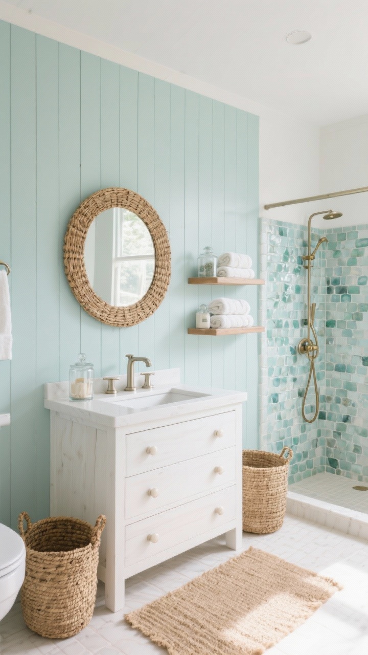Photorealistic wide shot capturing a coastal calm bathroom filled with natural light: pale blue-green vertical shiplap accent wall behind a white oak vanity with soft-close drawers and alabaster pulls; stacked glossy sea-glass ceramic tile in the shower; pale sand-colored porcelain floor; round rattan-wrapped mirror; brushed nickel or soft brass fixtures; woven baskets and a jute runner for organic warmth; open shelving with rolled towels and glass apothecary jars; airy, beachy mood