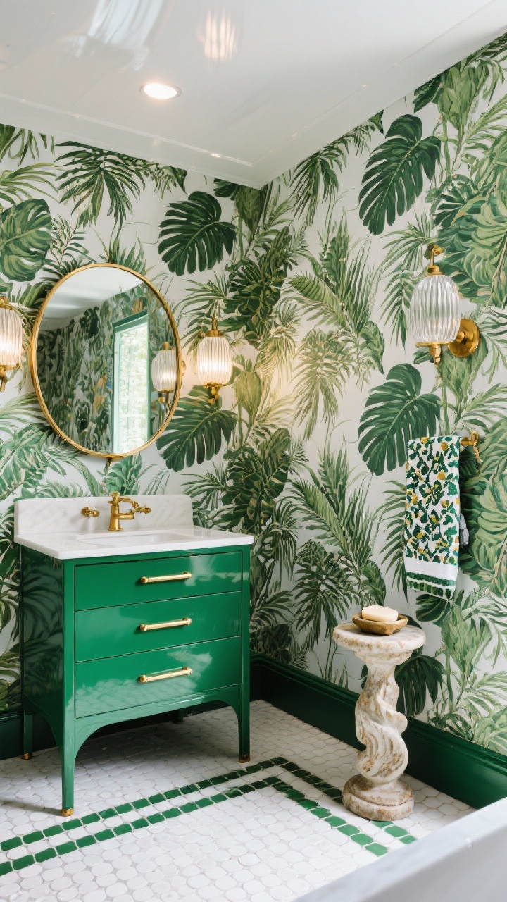 Photorealistic wide shot celebrating maximalist pattern play: walls fully wrapped in lush botanical wallpaper with emerald leaves/tropical palms; subtle gloss ceiling reflecting light; compact lacquered forest green vanity with brass bar pulls; rounded brass mirror; vintage-inspired ribbed glass sconces; white penny tile floor with a green border; unlacquered brass fixtures meant to patina; patterned hand towel echoing the wallpaper palette; small pedestal displaying a sculptural soap. Even, flattering illumination, no people.