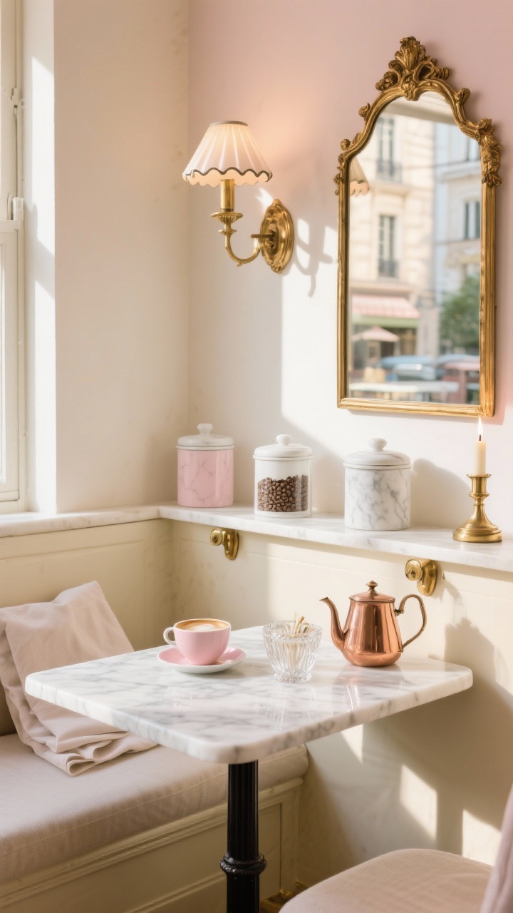 Photorealistic wide shot, corner angle: a Parisian-inspired marble café corner featuring a petite white marble bistro table, a slim cream console with brushed brass hardware, scalloped sconces, and a gilded vintage mirror reflecting sunlight like a sunlit Paris café; on display: pale blush-pink cappuccino cups, crystal sugar bowl, copper kettle, lidded white marble canisters for pods/beans; color story of cream, blush, brass, white marble; soft linen napkins; warm morning light with gentle glints off polished brass; vanilla and tonka candle lit on console