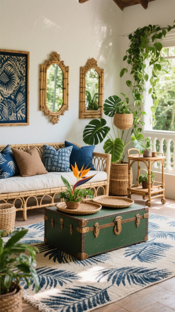 Photorealistic wide shot evoking tropical heritage: rattan daybed piled with indigo and mudcloth pillows; palm-print rug underfoot; vintage trunk used as a coffee table with woven trays on top; abundant plants—bird of paradise, monstera, and trailing pothos; walls with framed batik textiles and a pair of bamboo mirrors reflecting light; wicker baskets and a vintage bamboo bar cart at the side; deep green, indigo, natural rattan, cream palette; bright, dappled daylight as if from veranda windows.