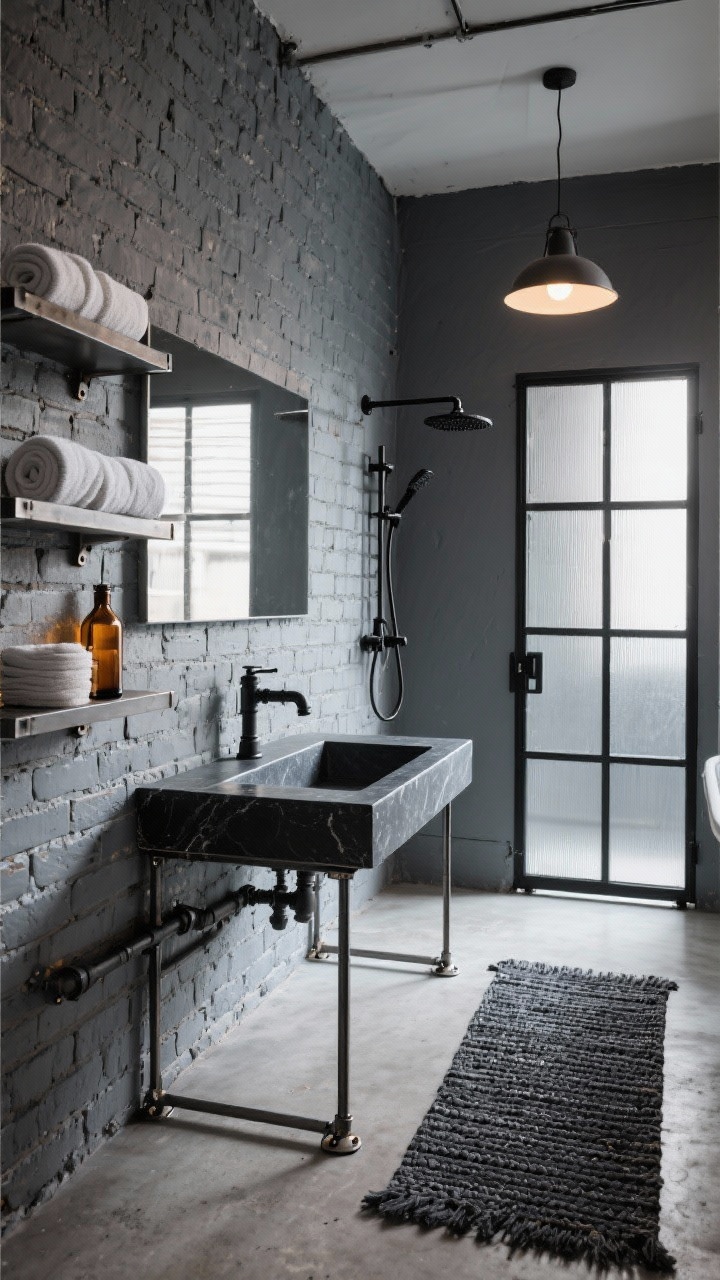 Photorealistic wide shot from a diagonal angle: exposed brick painted soft soot gray, paired with a poured concrete floor; industrial steel-frame vanity with a black soapstone top and rectangular undermount sink; matte black pipe fixtures; factory-style shower door with divided panes; warehouse pendant on a dimmer casting industrial glow; stacked metal shelves with rolled towels and amber bottles; charcoal woven runner softening the floor. Emphasize visible brackets and screws.