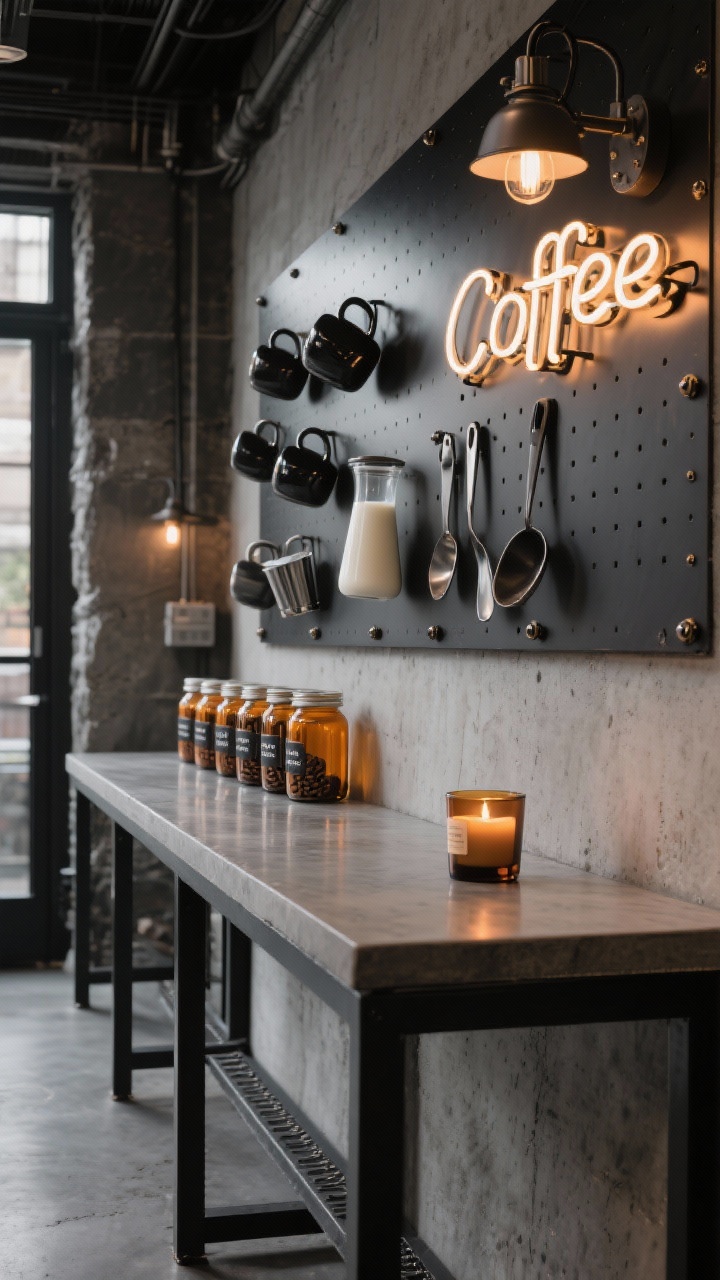 Photorealistic wide shot, loft vibe from a slight low angle: modern industrial coffee setup with a concrete-look countertop on a black steel frame featuring exposed bolts; black metal pegboards above holding mugs, scoops, and a milk frother—graphically arranged; amber glass jars with labeled beans and syrups lined up; a charcoal runner leading the eye; neon “Coffee” sign glowing softly alongside an industrial sconce; palette of charcoal, graphite, smoked amber, steel; materials include concrete, powder-coated metal, amber glass; moody, roastery-style lighting with highlights and reflections; smoked vanilla and sandalwood candle on the counter