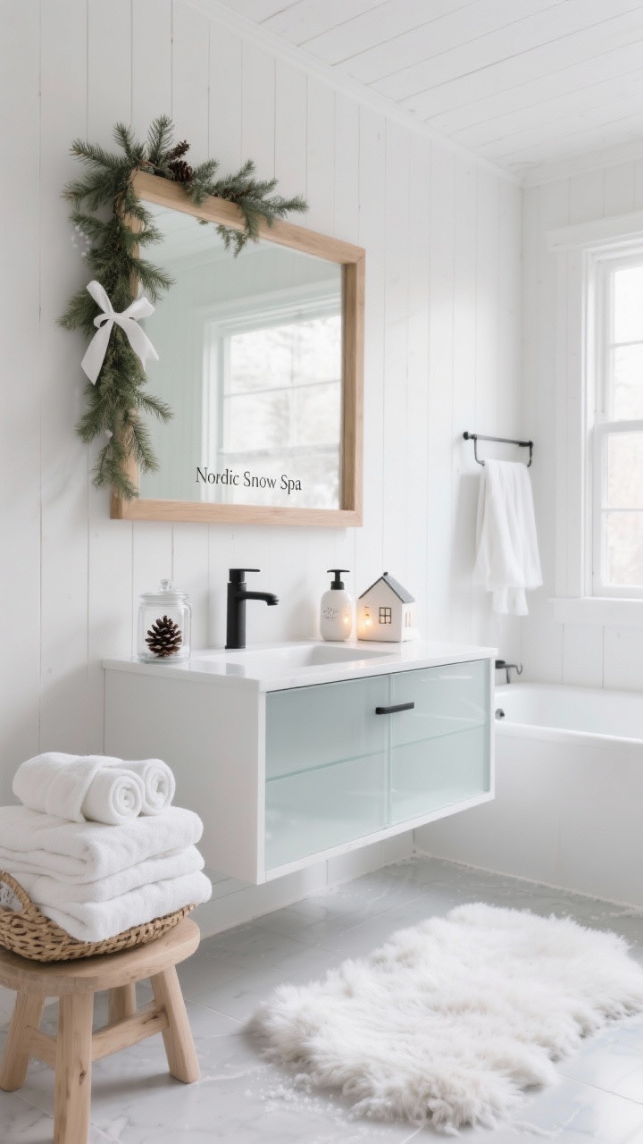 Photorealistic wide shot of a “Nordic Snow Spa” bathroom: bright, airy space with white shiplap walls, a streamlined white vanity, light oak mirror frame, matte black hardware, and frosted glass accents. Fluffy white towels stacked on a small light-wood stool, a woven basket filled with rolled white textiles, a simple fir garland draped along the mirror, a clear glass jar with pinecones, and hand soap dispensers tied with white satin ribbons. A small ceramic village house nightlight glowing softly on the counter. Snowy faux sheepskin mat by the tub. Color palette: soft white, light oak, cool gray. Soft natural morning light for a calm, serene mood. Straight-on perspective.