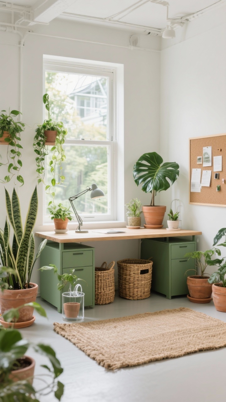 Photorealistic wide shot of a biophilic office facing a sunny window: white or eucalyptus-green desk oriented toward the view, planters at varying heights with snake plant, pothos trailing, and a small fiddle-leaf fig. Layer natural textures: jute rug, rattan bins, cork board with pinned ideas, clay pots, woven baskets. Include a small tabletop water feature creating subtle movement. Palette: soft greens, sand, creamy white. Add a full-spectrum task lamp mimicking daylight for cloudy days. Airy, greenhouse-like vibe, straight-on view.