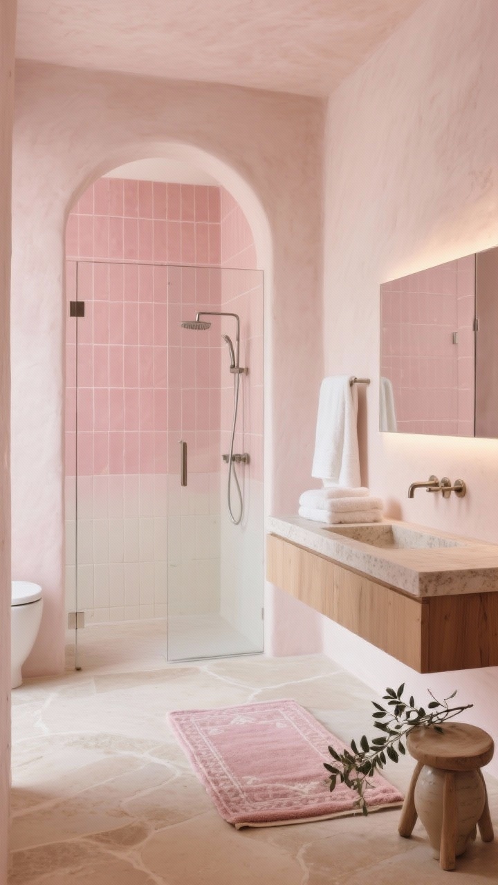 Photorealistic wide shot of a blush spa retreat bathroom: soft blush-toned plaster walls, matte sandy-cream limestone floor, an arched glass shower door revealing rosy zellige tiles in a gradient from pale pink to shell white, a floating oak vanity with a honed stone countertop, slim backlit mirror casting a gentle sunrise glow, brushed nickel hardware, fluffy white towels, blush Turkish bath mat, ceramic stool with eucalyptus branches near the steam; serene, quiet atmosphere, no people.
