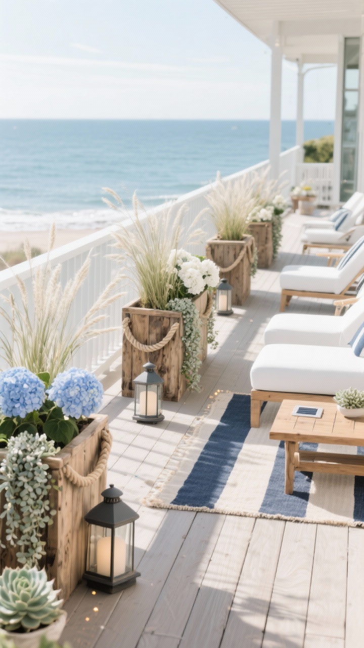 Photorealistic wide shot of a coastal boardwalk deck in bright, breezy daylight; driftwood-toned cedar planter boxes with rope handles lined along a railing; plantings of ornamental grasses (maiden grass or blue oat grass) swaying, hydrangeas with pillowy blooms, trailing dichondra ‘Silver Falls’ mimicking seafoam, and a few succulent rosettes tucked at corners; colors of seafoam, navy, sand, and crisp white; white sling loungers, teak side table, striped outdoor rug; solar lanterns or rope lights under the deck rail; consistent white flower moments across boxes; shot from an overhead/three-quarter angle to capture the deck layout and oceanic vibe.