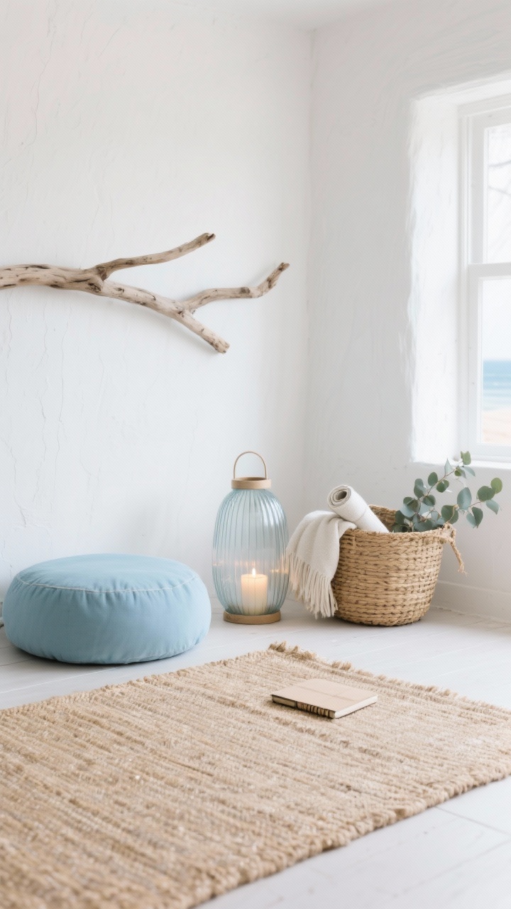 Photorealistic wide shot of a coastal calm corner: chalky white walls, sand-colored flatweave rug, pale blue meditation cushion as a soft pop. A driftwood branch mounted horizontally as art. Ribbed glass lantern with a battery candle glowing gently. Seagrass basket holding a rolled throw and journal. Subtle suggestion of eucalyptus/sea salt vibe (no spray visible). Colors: chalk white, sea blue, sand, seagrass. Materials: seagrass, driftwood, glass, cotton. Breezy, bright, beach-morning mood.